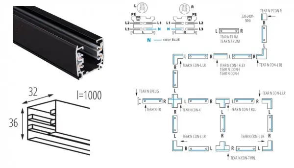 Vezetősín 3f 1m fekete Kiárusítás